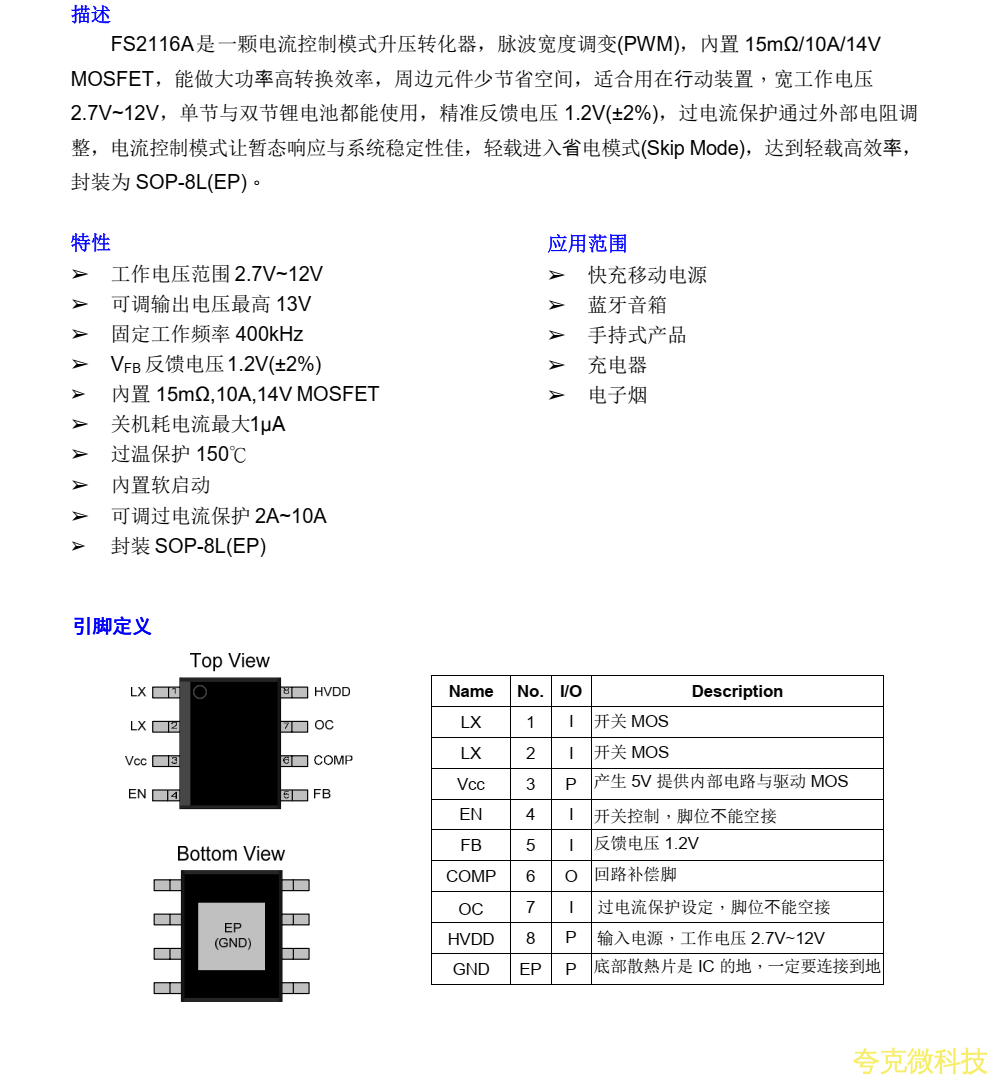 FS2116A是一颗电流控制模式升压转化器，脉波宽度调变(PWM)， 內置 15mΩ/10A/14V MOSFET