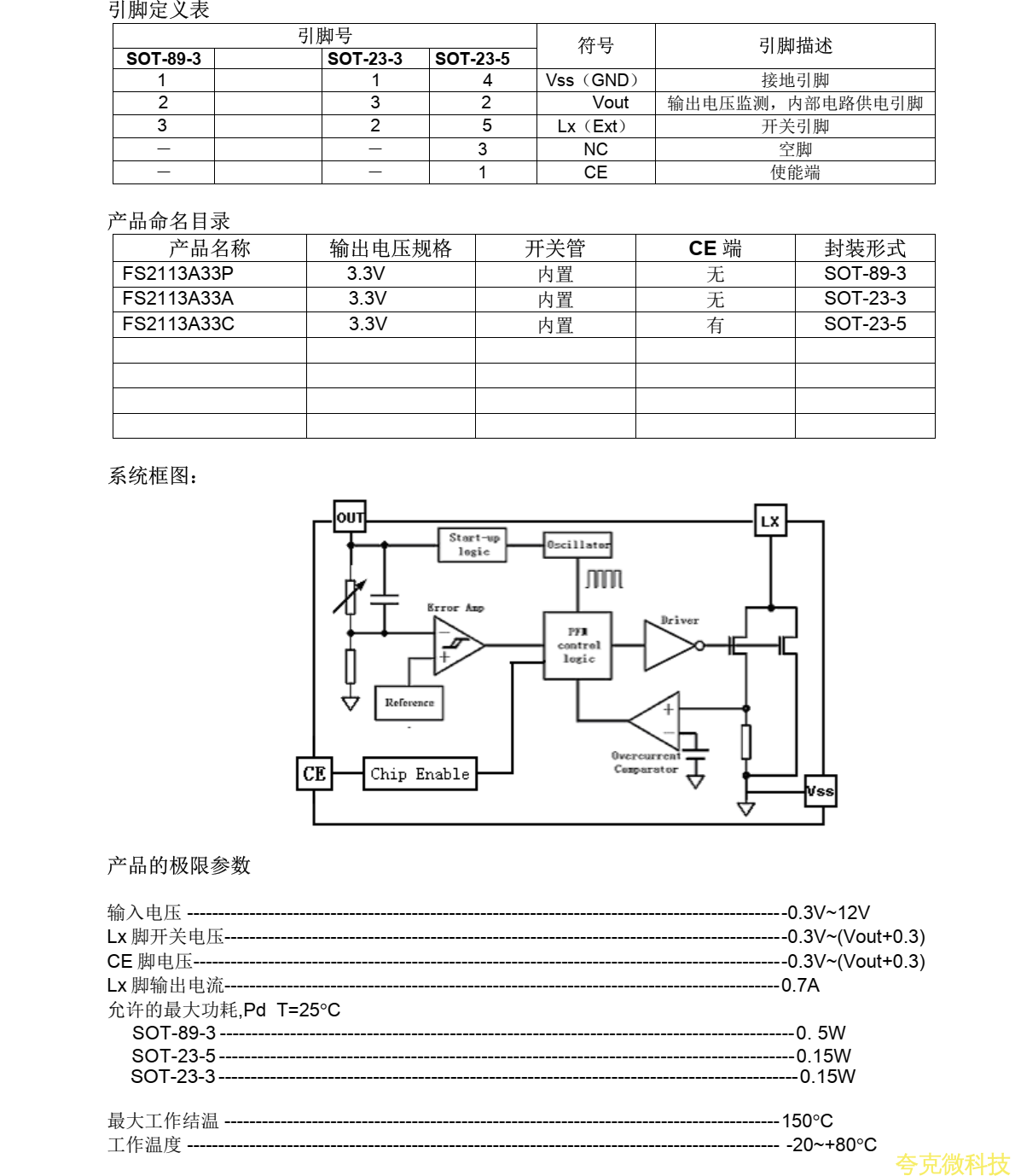 FS2113繫列是 PFM 控製的開關型 DC/DC陞壓穩壓芯片。 0.8V 的啟動電壓、高達 200mA的負載驅動能力（當 Vin=1.8V， Vout=3.3V時）