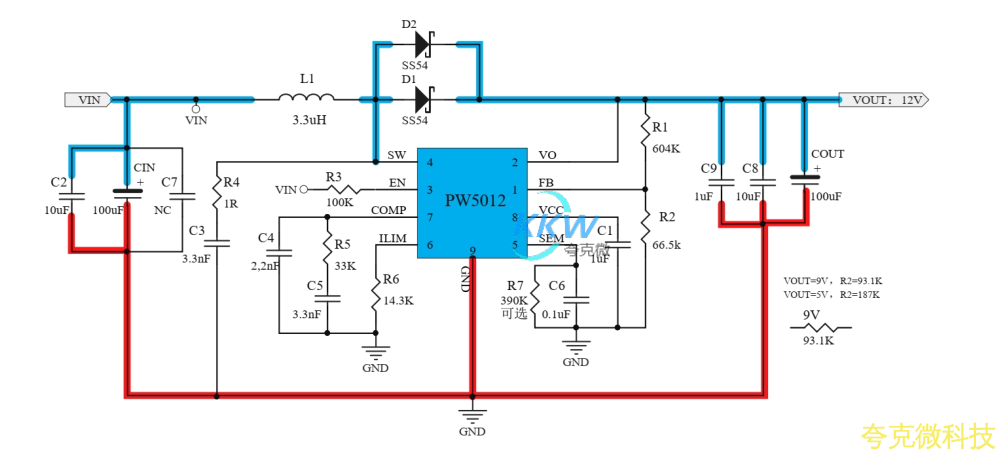 單節和兩節鋰電池陞壓 12V 或 9V， 1A 至 3A 電路闆， PW5012