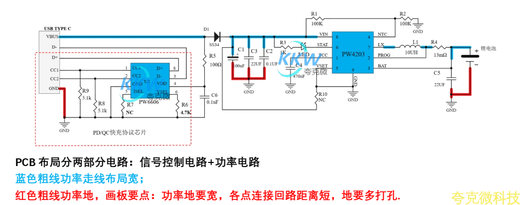 5V-12V 快充 PD/QC 输入单节锂电池 2A 充电芯片方案 PCB 板