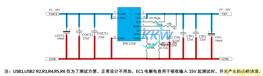 3V-20V 输入限流和过压保护芯片模板 PW1558， 1A-5A