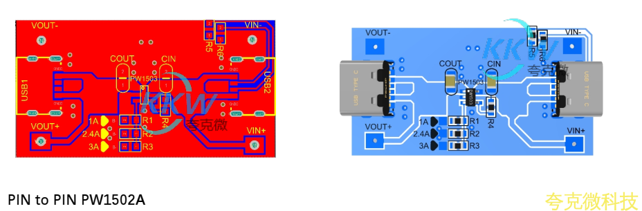 5V 输入 USB 限流芯片模板 PW1503， 1A-3A 温度低，输出短路保护