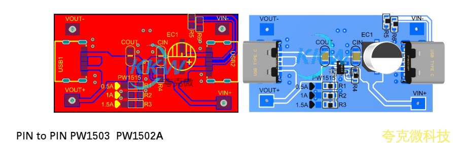 耐压 32V， 5V 输入限流和过压保护芯片模板 PW1515， 0.5A-1.5A